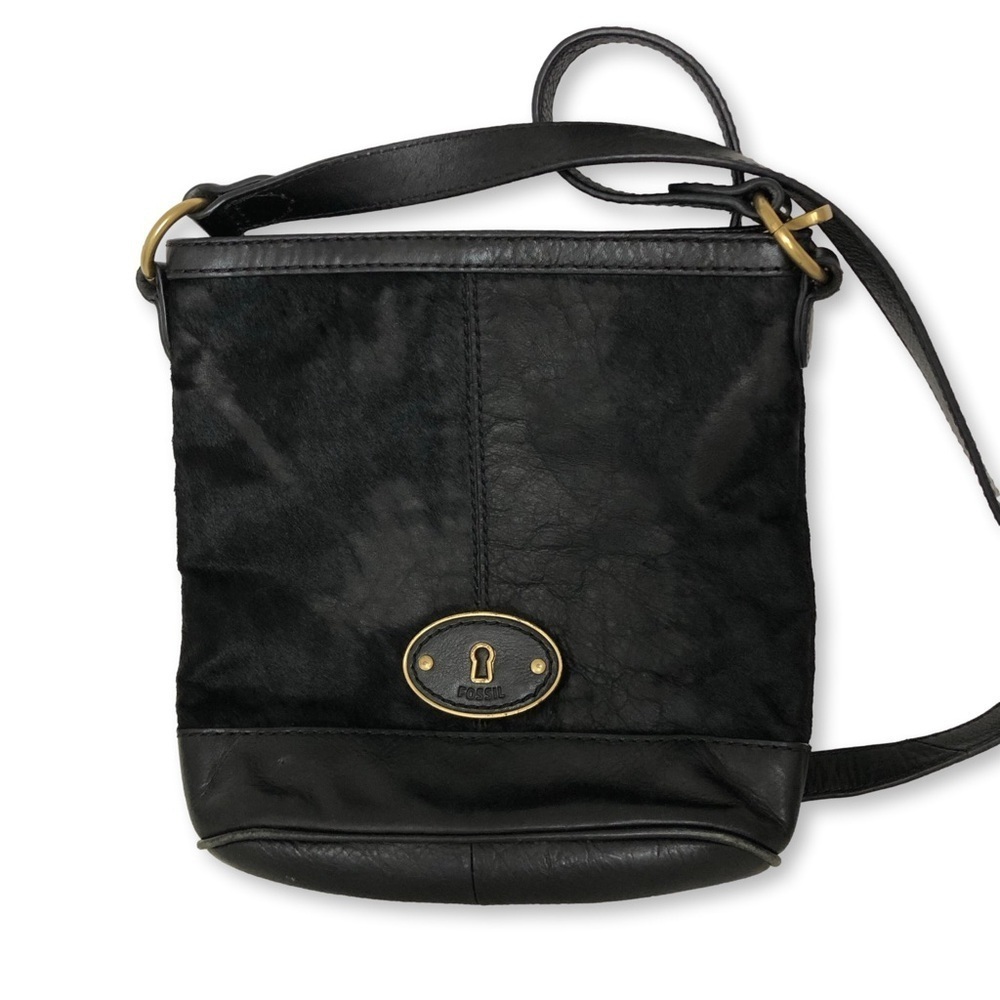Fossil Black Leather Crossbody Bag Gold Hardware